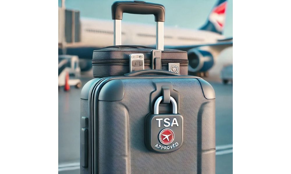 A well-packed suitcase with a visible TSA-approved lock on it. The lock is shown with a clear indicator feature, possibly a small red flag or icon