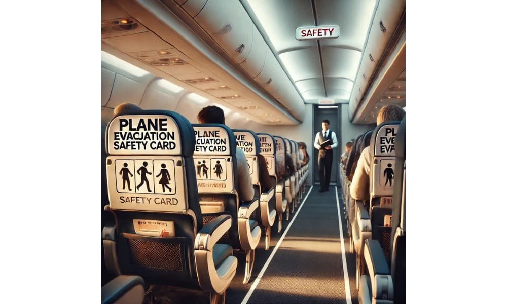 A realistic image of an airplane cabin with passengers seated, some reading the plane evacuation safety card. The seat pockets contain safety cards