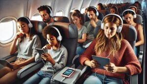 A diverse group of airline passengers enjoying DIY entertainment on a long flight. A young woman with headphones watches a movie on her tablet