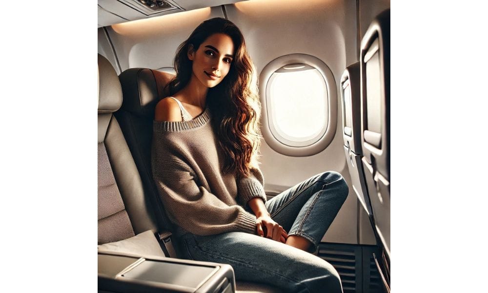 A lady sitting comfortably on the seat of an airplane. She has long, dark hair, dressed in a casual yet stylish outfit, such as a sweater and jeans.
