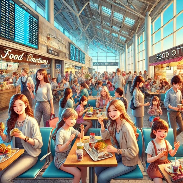 A lively scene at an airport with young ladies, gentlemen, and children, all enjoying their time. Some are eating at a sit-down restaurant