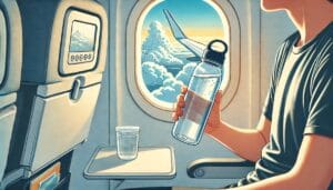 Passenger drinking water to show how to stay hydrated on a flight