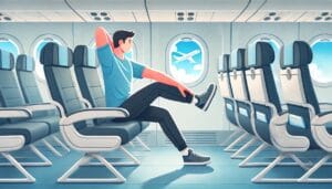 A person sitting in an airplane seat performing simple in-seat exercises, such as rolling their ankles or stretching their legs