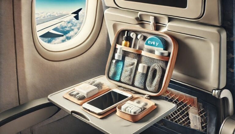 A small, organised pouch placed on an airplane tray table, containing travel essentials such as a phone charger, earplugs, lip balm, and eye drops.