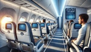 An interior view of an airplane cabin showing seats near the wing and aisle, emphasising smart seating choices. The image features passengers seated