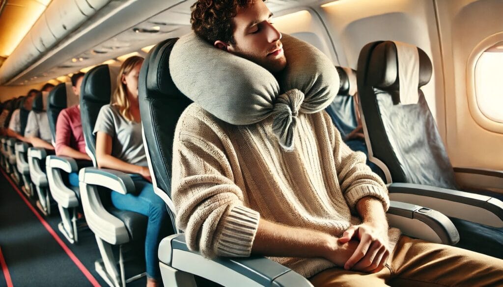 A passenger on an airplane using a rolled-up sweater as a DIY pillow for neck support.