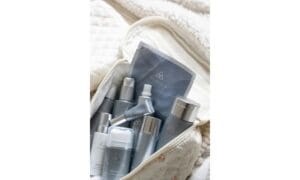 Clear toiletry bag prepared for carry-on security check with liquids and electronics organised for airport screening