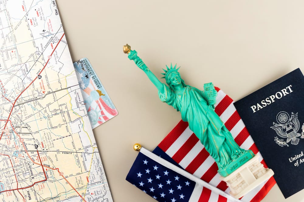 Top view green card and USA passport