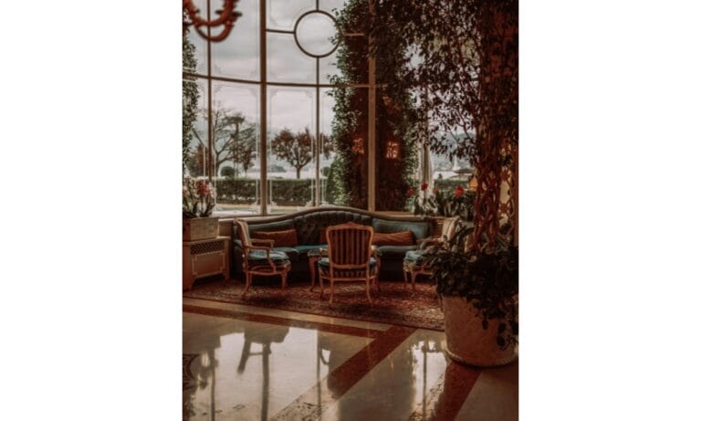 Elegant Hotel Lobby Overlooking Lake in Stresa