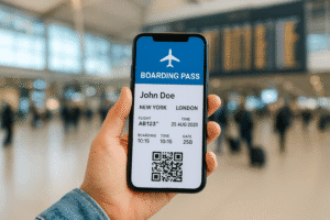 Passenger using smartphone for Ryanair digital boarding pass changes at airport gate