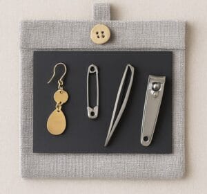 Small metal items such as earrings, safety pins, tweezers and nail clippers