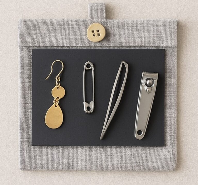 Small metal items such as earrings, safety pins, tweezers and nail clippers