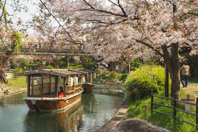 River channel with floating boat located in park