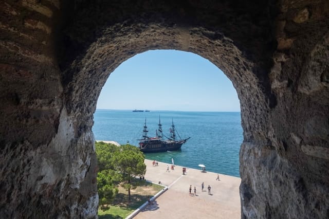 The pirate ship, seen from the white tower.