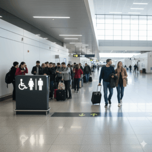 Traveller walking airport restroom to avoid an airport restroom queue