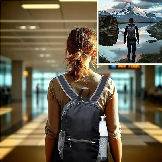 Foldable backpack packed into a small pouch, showing portability and compact design for travel, with protection tips for wet conditions