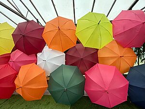 A compact travel umbrella folded neatly next to a daypack, showing portability and easy storage.