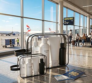 Clear and non-transparent toiletry bags with travel bottles organised inside a suitcase for airport and general travel use