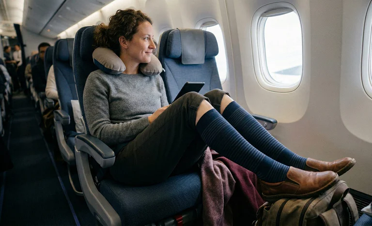 Knee high compression socks worn by a traveller seated on an aircraft showing comfort during long haul flight travel