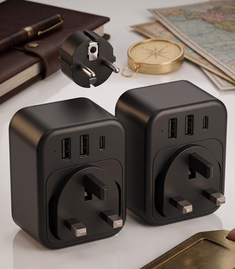 A selection of travel adaptors including universal and single region types placed beside travel gadgets ready for packing