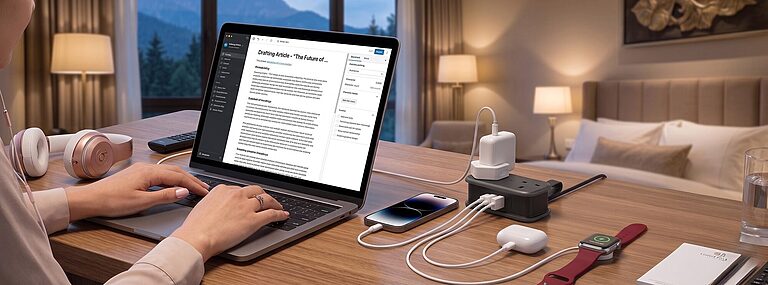 Compact travel extension lead on hotel desk powering phone laptop and camera from one socket with USB ports visible