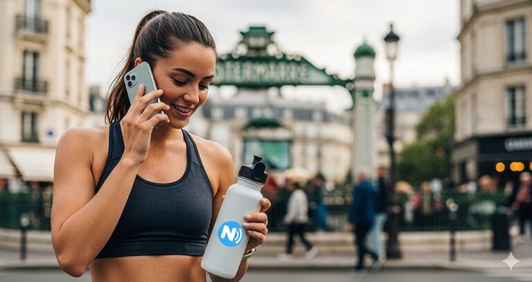 A woman using eSIM for travel in Europe