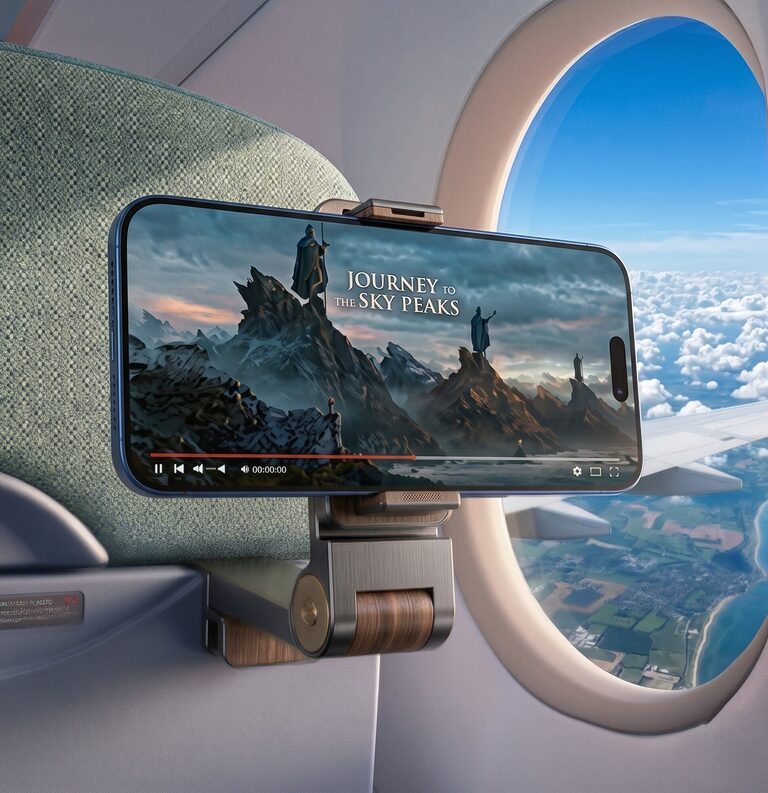 Airplane Phone Holder attached to a tray table holding a smartphone for hands-free viewing during a commercial flight