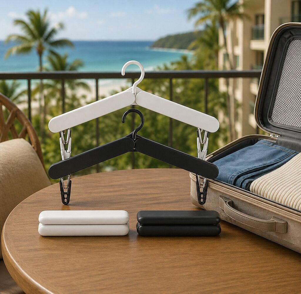 Foldable travel hangers placed next to an open suitcase showing compact design and use for organising and drying clothes on trips