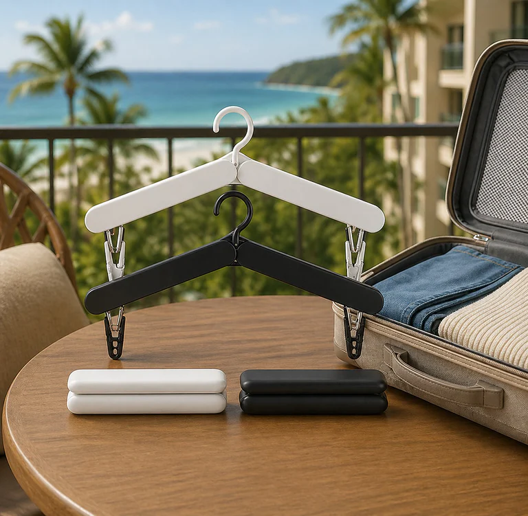 Foldable travel hangers placed next to an open suitcase showing compact design and use for organising and drying clothes on trips