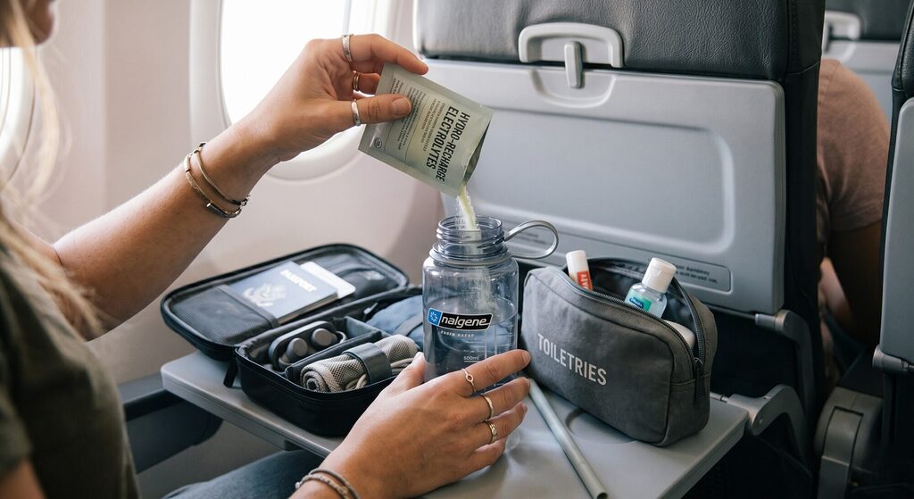 Traveller preparing electrolyte powder drink during a flight with water bottle and travel items in carry-on bag