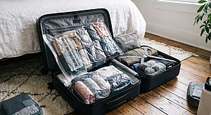 Packed suitcase with clothing compressed in vacuum storage bags showing organised and space saving travel packing