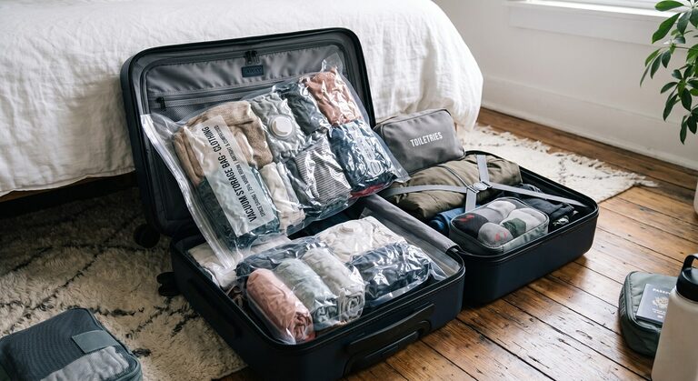 Packed suitcase with clothing compressed in vacuum storage bags showing organised and space saving travel packing