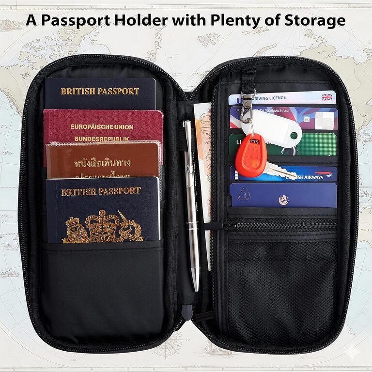 passport holder open on a table with passport, cards and boarding pass neatly organised for travel preparation