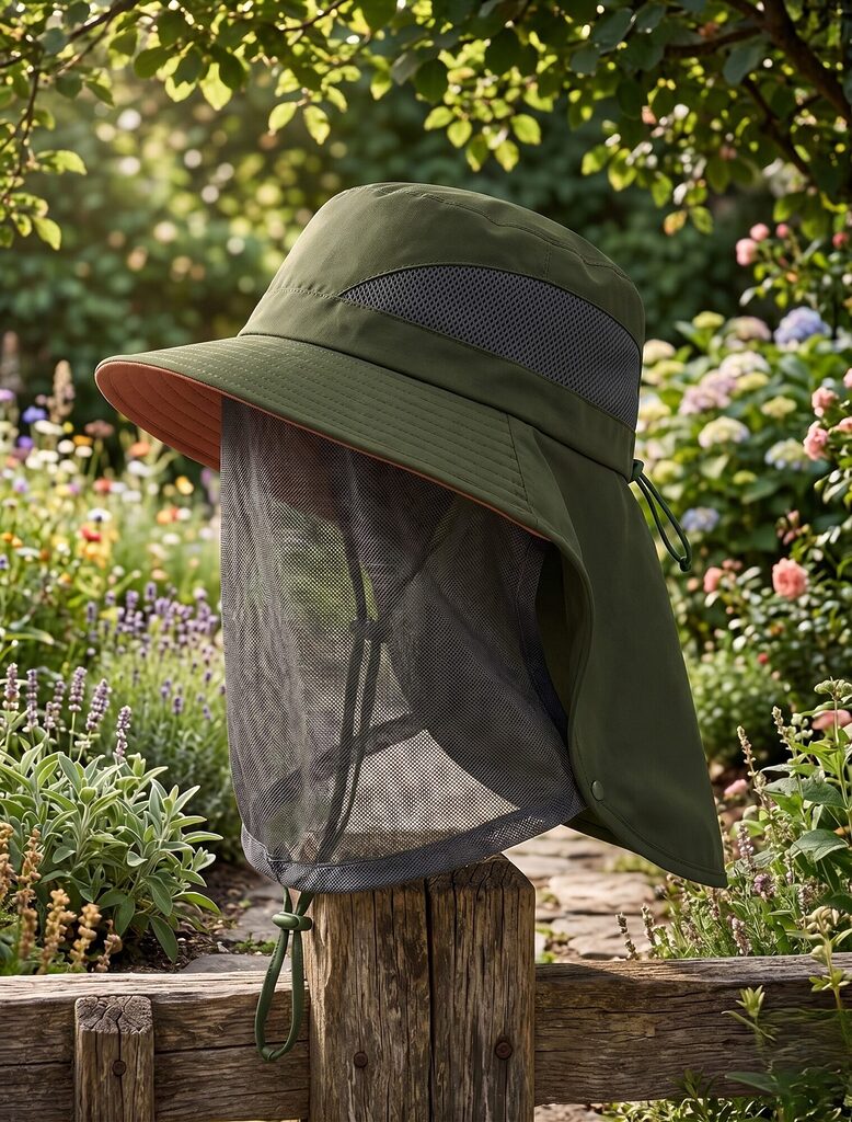 Lightweight mosquito head net worn outdoors showing fine mesh protection over face and neck in a tropical travel setting