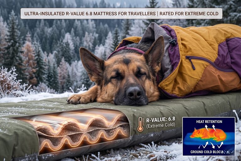 Camper inside a tent on cold ground using an insulated sleeping mat showing heat retention compared to cold surroundings.