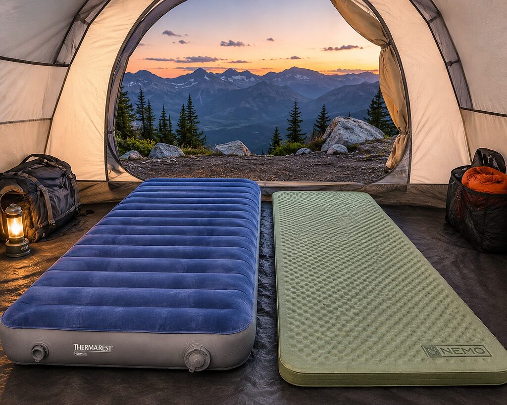 Inflatable and foam travel mattresses placed side by side inside a camping tent on a mountain campsite at dusk.