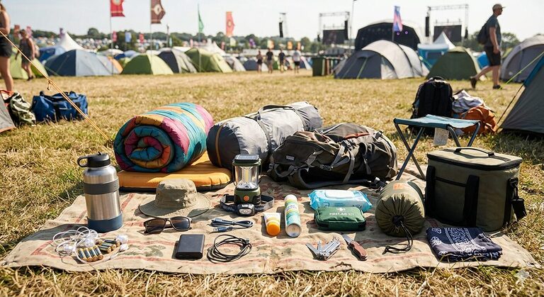• camping essentials for festival packed gear