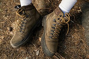 Close-up of walking socks and hiking boots.