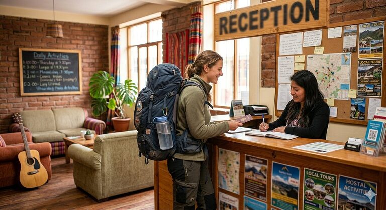 Solo traveller checking into a hostel reception with a backpack