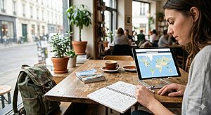 Solo traveller planning a solo trip with a notebook and ipad on a table