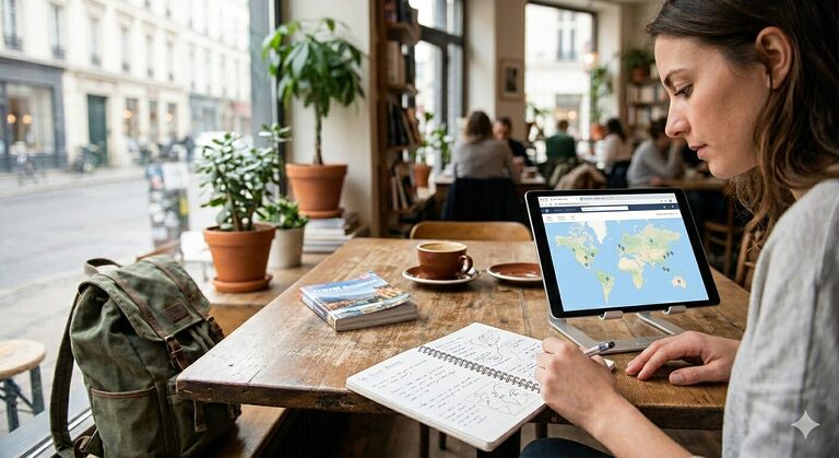 Solo traveller planning a solo trip with a notebook and ipad on a table