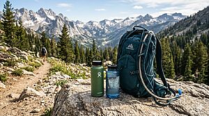 Comparison of hiking hydration pack bladder and stainless steel hiking water bottle laid on a rock.