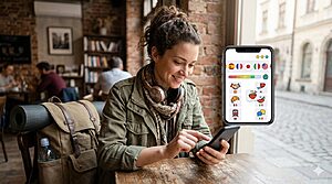 Solo traveller using a language learning app on a smartphone