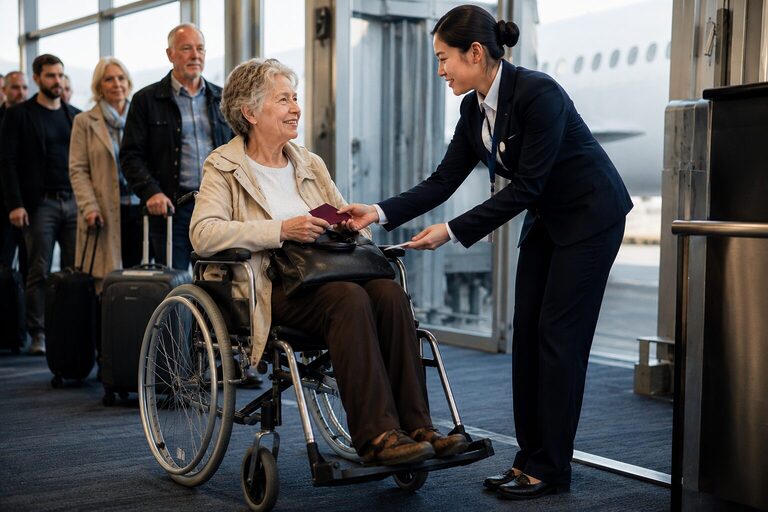 Airport staff assisting elderly passenger at boarding gate