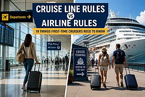 Split image of airport departures hall and cruise ship terminal