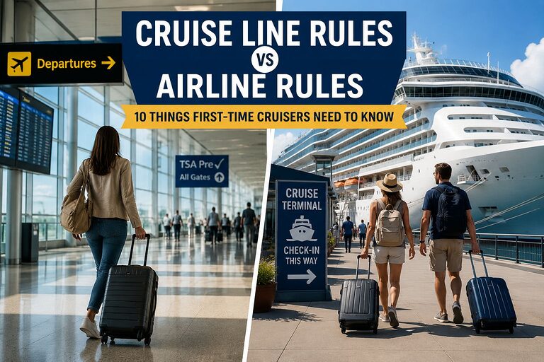 Split image of airport departures hall and cruise ship terminal