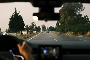 View from inside a moving car driving down a tree-lined open road at dusk.