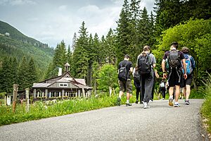 Group of teen travellers walking with a backpack for a trail