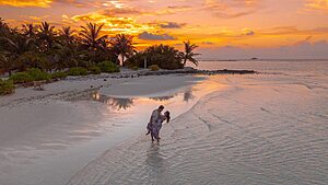 Couple romantic sunset walk on a budget-friendly beach honeymoon